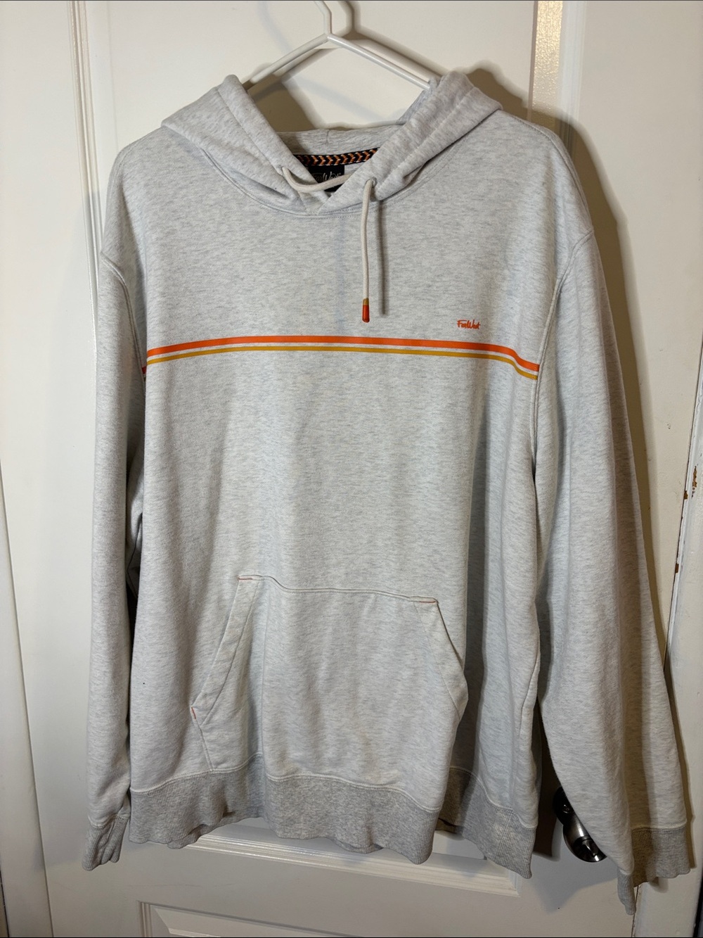 Men's Light Gray Hoodie with Orange & Yellow Chest Stripe